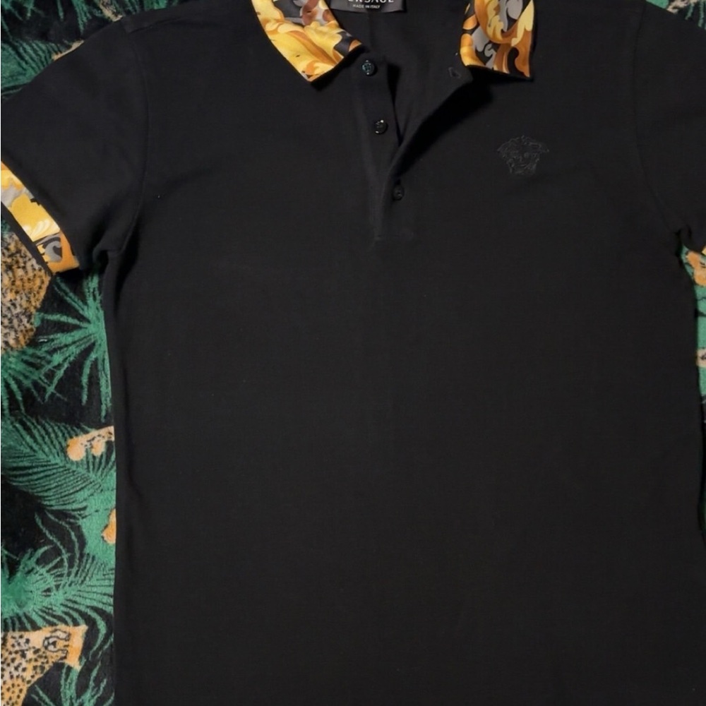 Versace Black Polo Shirt with Patterned Collar